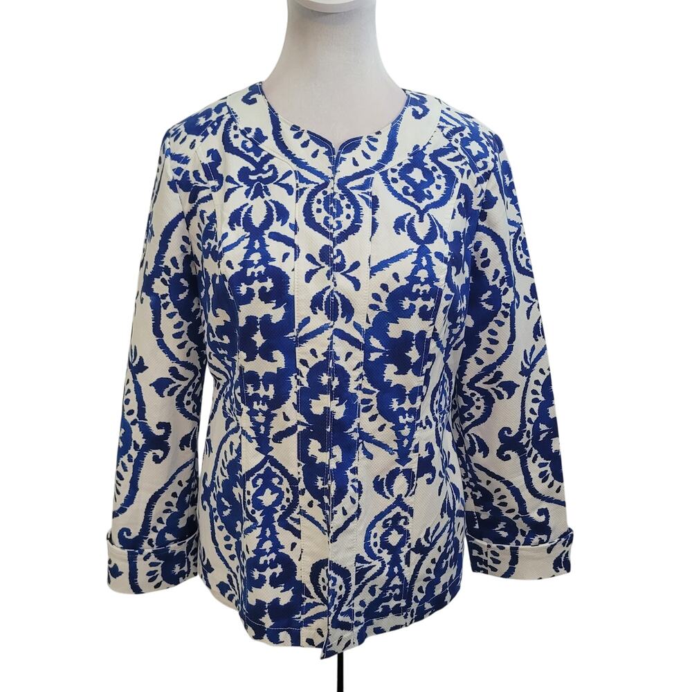 Chico's Size 0 Indigo Ink Alicia jacket Blue White Print Lightweight Clasp Close